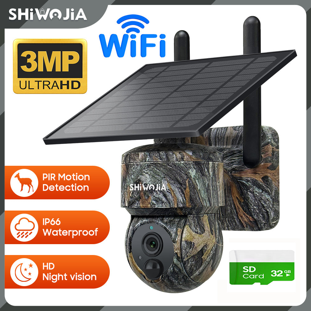 SHIWOJIA Camouflage Color Solar Battery PTZ Camera.4G SIM / WIFI 3MP 360° View Animal Monitoring.Built-in Battery