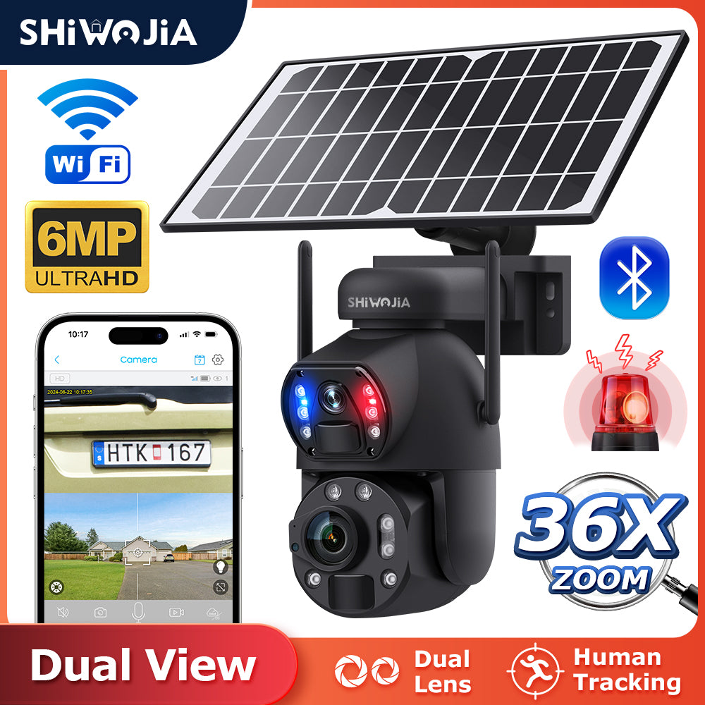 SHIWOJIA Solar Camera 4G SIM / WIFI 6MP Big 36X Zoom Dual Lens Recording Humanoid Tracking Outdoor Camera Metal Waterproof,Built-in Battery