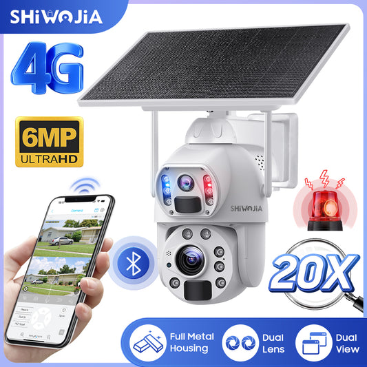 SHIWOJIA 10W Solar Panel Camera 4G SIM / WIFI 6MP 20X ZOOM Solar 20000mAh Battery Cameras 360° Outdoor Dual Lens Recording Humanoid Cam