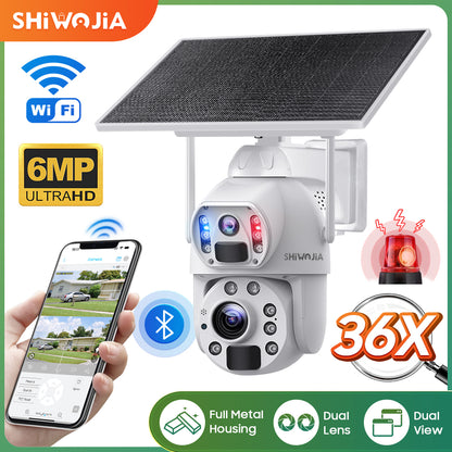 SHIWOJIA 36X Optical add Digital Zoom 4G SIM / WIFI  Cellular Security Camera Dual-Lens,6MP Solar Camera Wireless Outdoor,Siren Alarm,Color Night Vision,Dual Screen,Built-in Battery