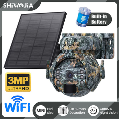 SHIWOJIA 4G SIM / WIFI Solar Security Cameras WIFI Wireless Outdoor 3MP 360° View Animal Monitoring Camouflage Color Battery PTZ Camera.Built-in Battery