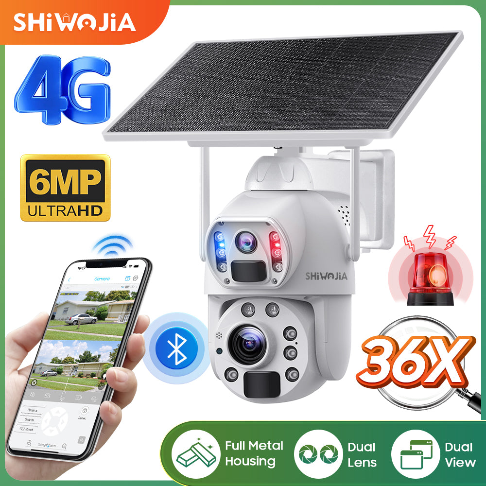 SHIWOJIA 36X Optical add Digital Zoom 4G SIM / WIFI  Cellular Security Camera Dual-Lens,6MP Solar Camera Wireless Outdoor,Siren Alarm,Color Night Vision,Dual Screen,Built-in Battery