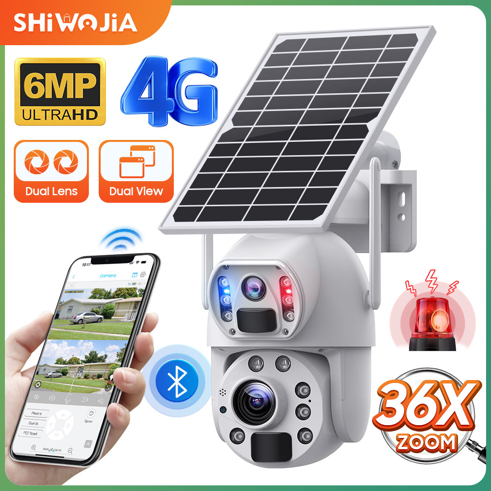 SHIWOJIA Solar Camera 4G SIM / WIFI 6MP Big 36X Zoom Dual Lens Recording Humanoid Tracking Outdoor Camera Metal Waterproof,Built-in Battery