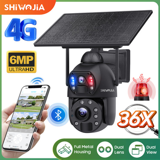 SHIWOJIA 36X Optical add Digital Zoom 4G SIM / WIFI  Cellular Security Camera Dual-Lens,6MP Solar Camera Wireless Outdoor,Siren Alarm,Color Night Vision,Dual Screen,Built-in Battery