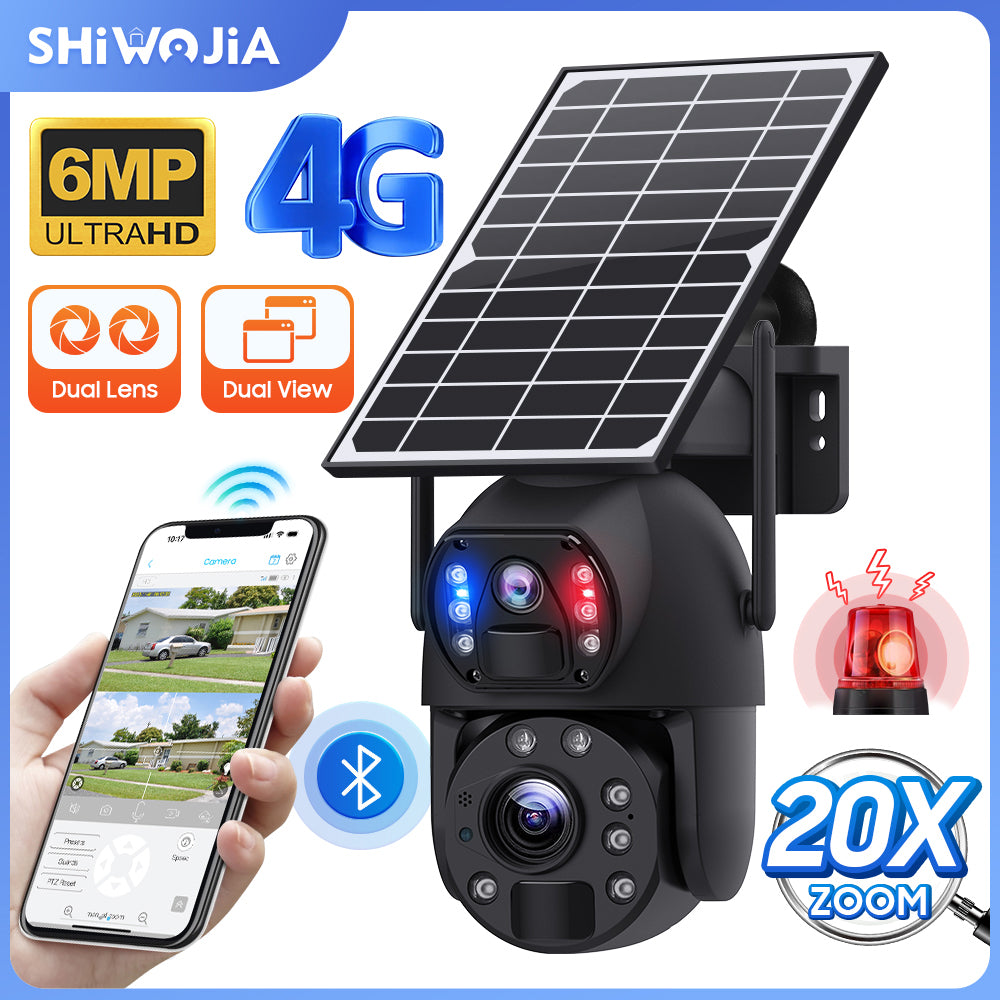 SHIWOJIA 20X Zoom 4G SIM / WIFI Cellular Security Camera Dual-Lens,6MP Solar Camera Wireless Outdoor,Siren Alarm,Color Night Vision,Dual Screen,Built in 12000mAh Battery