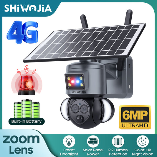 SHIWOJIA 4G SIM / WIFI 12X ZOOM Red/Blue alarm Floodlight Solar Battery PTZ Camera   6MP HD Wireless Security CCTV Including 12000mAh Battery