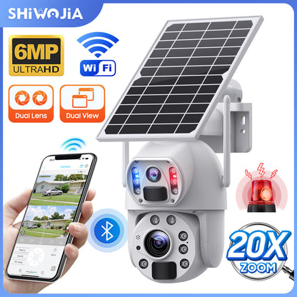 SHIWOJIA 20X Zoom 4G SIM / WIFI Cellular Security Camera Dual-Lens,6MP Solar Camera Wireless Outdoor,Siren Alarm,Color Night Vision,Dual Screen,Built in 12000mAh Battery