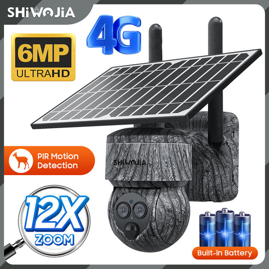 SHIWOJIA 6MP Solar Cameras 4G SIM / WIFI Wireless Outdoor 360° View Animal Monitoring Camouflage Color 12X Zoom Solar Battery PTZ Camera