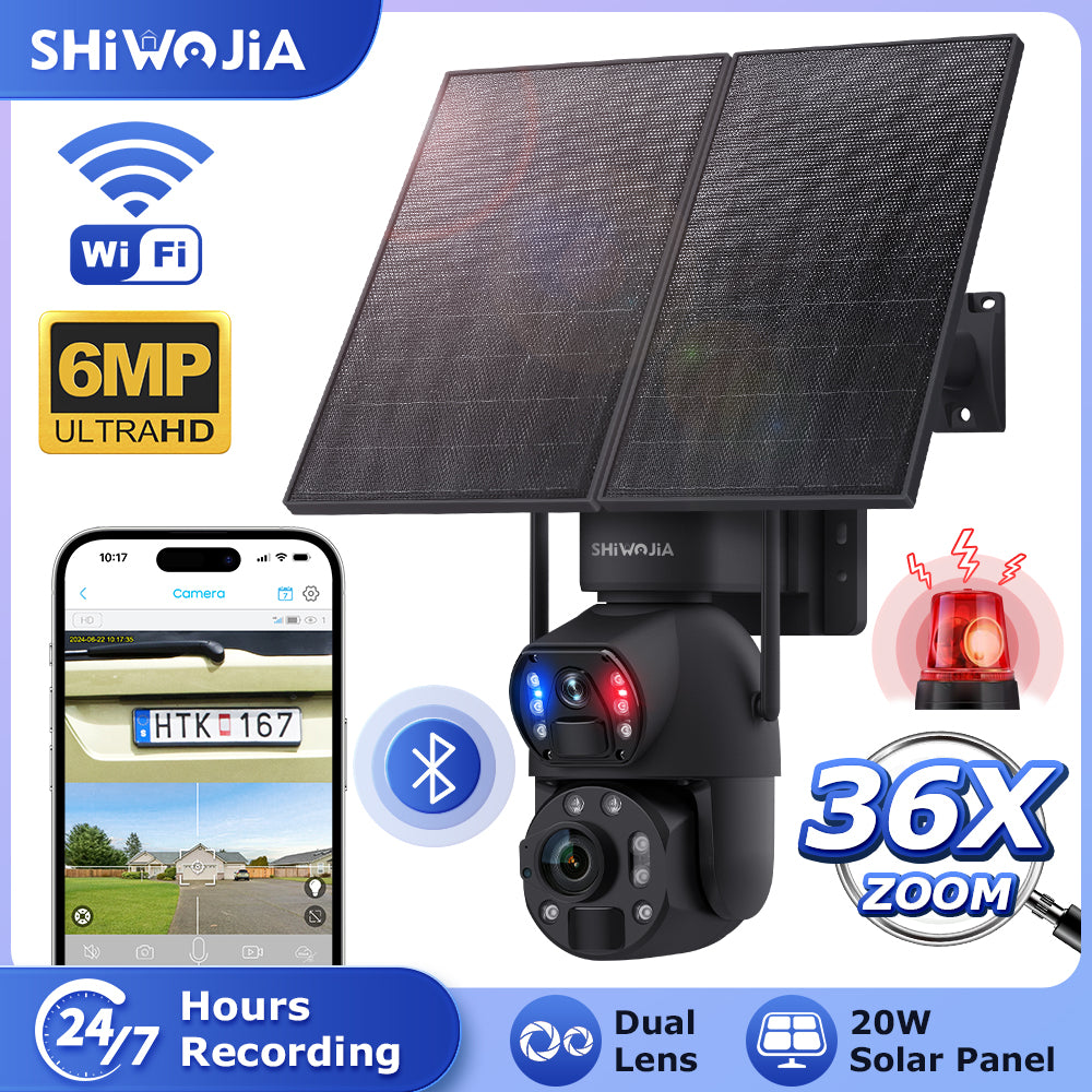 SHIWOJIA 20W Solar Battery 36X Zoom Red Blue Alarm FloodLight PTZ Camera 4G SIM / WIFI Cellular Security Camera Dual-Lens,6MP Solar Camera Wireless Outdoor,Color Night Vision,Dual Screen,Built-in Battery