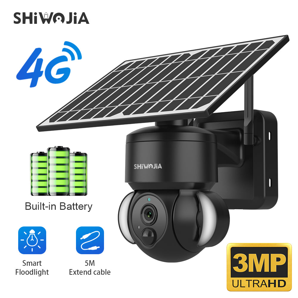 SHIWOJIA 3MP Solar Camera 4G SIM / WIFI Security Outdoor Recording Humanoid Tracking Floodlight Solar Battery PTZ Camera