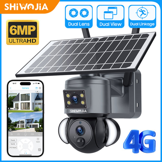 SHIWOJIA 6MP Solar Camera 4G SIM / WIFI Security Outdoor Dual Lens Recording Humanoid Tracking Color Night Vision PTZ Cam