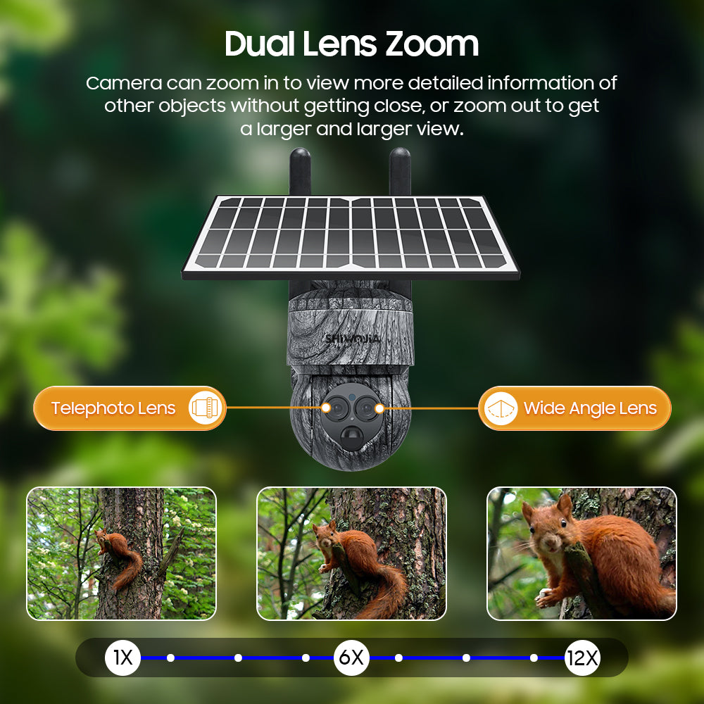 SHIWOJIA 6MP Solar Cameras 4G SIM / WIFI Wireless Outdoor 360° View Animal Monitoring Camouflage Color 12X Zoom Solar Battery PTZ Camera