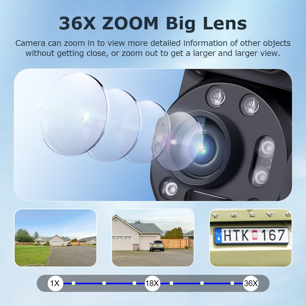 SHIWOJIA 20W Solar Battery 36X Zoom Red Blue Alarm FloodLight PTZ Camera 4G SIM / WIFI Cellular Security Camera Dual-Lens,6MP Solar Camera Wireless Outdoor,Color Night Vision,Dual Screen,Built-in Battery