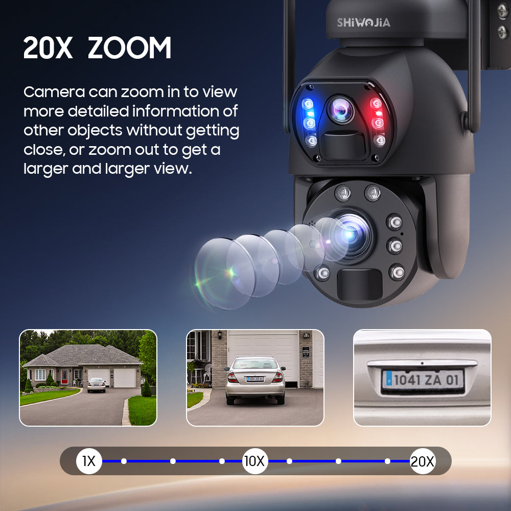 SHIWOJIA 20X Zoom 4G SIM / WIFI Cellular Security Camera Dual-Lens,6MP Solar Camera Wireless Outdoor,Siren Alarm,Color Night Vision,Dual Screen,Built in 12000mAh Battery