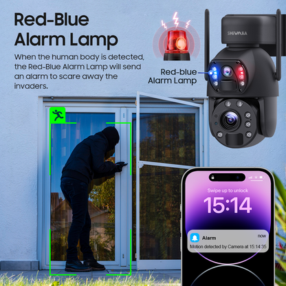 SHIWOJIA 6MP 30W Solar Battery 20x zoom Red Blue Alarm Floodlight PTZ Camera Night Vision 3 PCS Solar Board Built in 28000mAh Batteries 