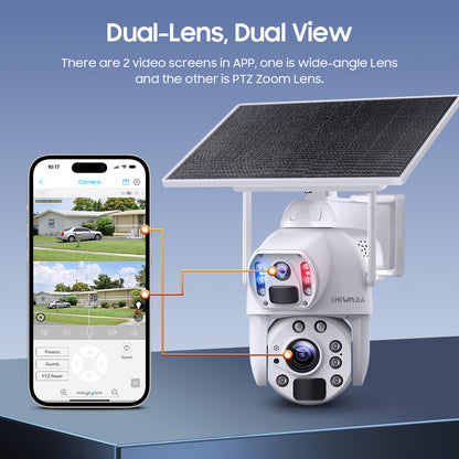 SHIWOJIA 10W Solar Panel Camera 4G SIM / WIFI 6MP 20X ZOOM Solar 20000mAh Battery Cameras 360° Outdoor Dual Lens Recording Humanoid Cam