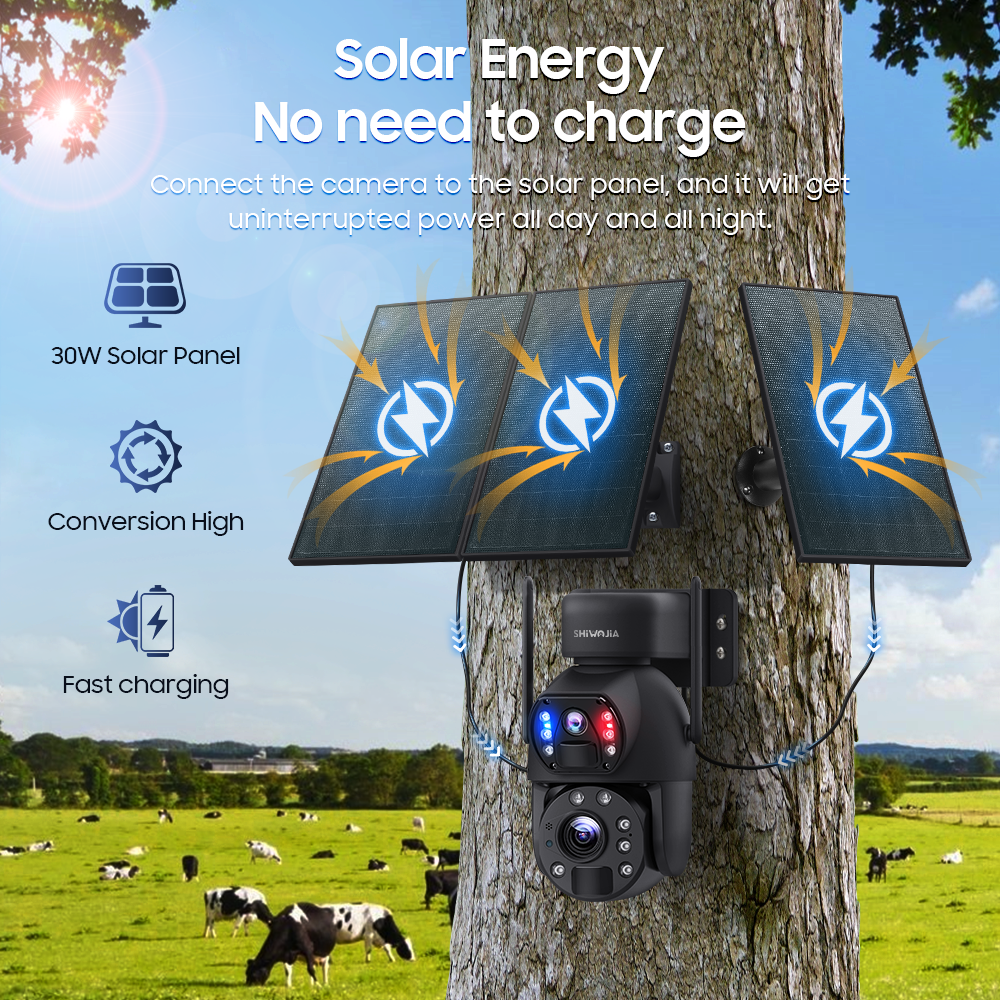 SHIWOJIA 30W Solar Battery 20x zoom Red Blue Alarm Floodlight PTZ Camera 3 PCS Solar Board Built in 28000mAh Batteries Night Vision Camera 