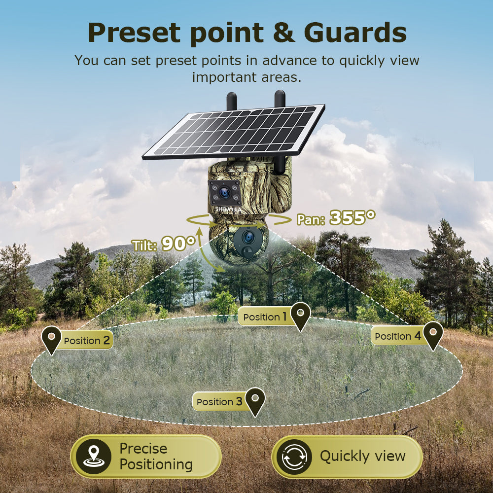 SHIWOJIA 6MP 4G With GPS Location Camouflage Color Dual Lens Solar Battery PTZ Camera Support PIR Detection Wake Built In 12000mAh Battery 