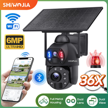 SHIWOJIA 36X Optical add Digital Zoom 4G SIM / WIFI  Cellular Security Camera Dual-Lens,6MP Solar Camera Wireless Outdoor,Siren Alarm,Color Night Vision,Dual Screen,Built-in Battery