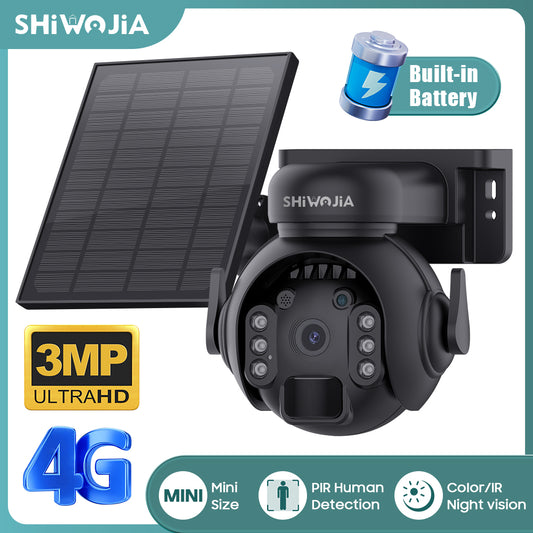 SHIWOJIA 4G SIM / WIFI Solar Security Cameras WIFI Wireless Outdoor 3MP 360° View Animal Monitoring Black/White Color Battery PTZ Camera.Built-in Battery