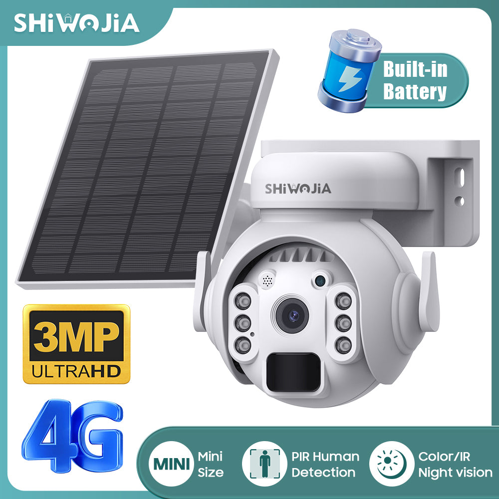 SHIWOJIA 4G SIM / WIFI Solar Security Cameras WIFI Wireless Outdoor 3MP 360° View Animal Monitoring Black/White Color Battery PTZ Camera.Built-in Battery