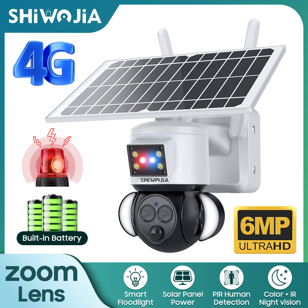 SHIWOJIA 4G SIM / WIFI 12X ZOOM Red/Blue alarm Floodlight Solar Battery PTZ Camera   6MP HD Wireless Security CCTV Including 12000mAh Battery