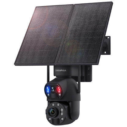 SHIWOJIA 20W Solar Battery 36X Zoom Red Blue Alarm FloodLight PTZ Camera 4G SIM / WIFI Cellular Security Camera Dual-Lens,6MP Solar Camera Wireless Outdoor,Color Night Vision,Dual Screen,Built-in Battery