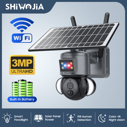 SHIWOJIA 3MP Solar Camera 4G SIM / WIFI Security Outdoor Dual Lens Recording Humanoid Tracking Camera+Floodlight+Alarm Solar Battery PTZ Camera