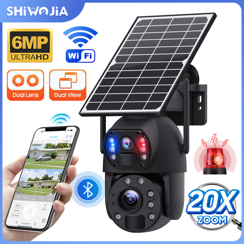 SHIWOJIA 20X Zoom 4G SIM / WIFI Cellular Security Camera Dual-Lens,6MP Solar Camera Wireless Outdoor,Siren Alarm,Color Night Vision,Dual Screen,Built in 12000mAh Battery