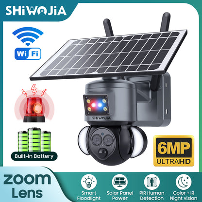 SHIWOJIA 4G SIM / WIFI 12X ZOOM Red/Blue alarm Floodlight Solar Battery PTZ Camera   6MP HD Wireless Security CCTV Including 12000mAh Battery