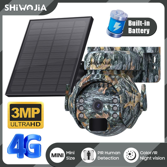 SHIWOJIA 4G SIM / WIFI Solar Security Cameras WIFI Wireless Outdoor 3MP 360° View Animal Monitoring Camouflage Color Battery PTZ Camera.Built-in Battery