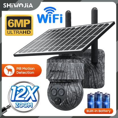 SHIWOJIA 6MP Solar Cameras 4G SIM / WIFI Wireless Outdoor 360° View Animal Monitoring Camouflage Color 12X Zoom Solar Battery PTZ Camera