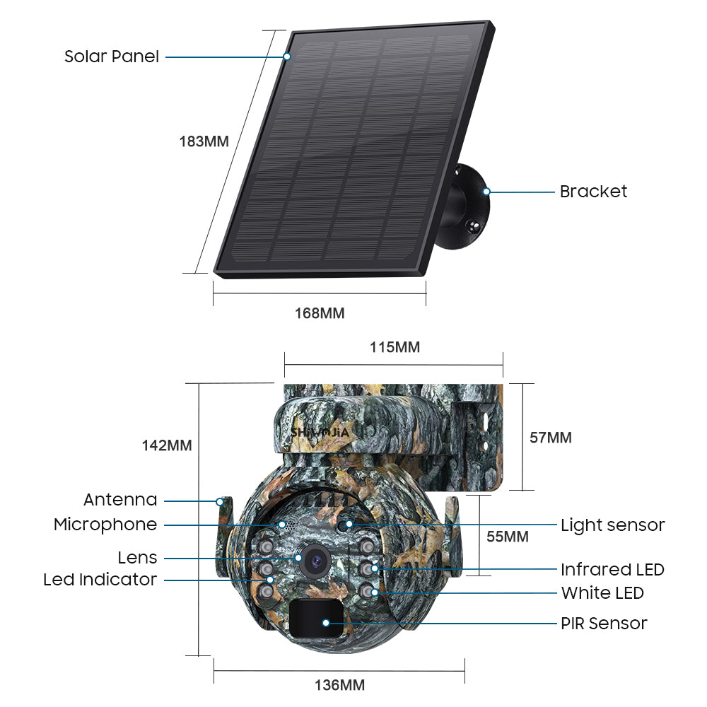 SHIWOJIA 4G SIM / WIFI Solar Security Cameras WIFI Wireless Outdoor 3MP 360° View Animal Monitoring Camouflage Color Battery PTZ Camera.Built-in Battery