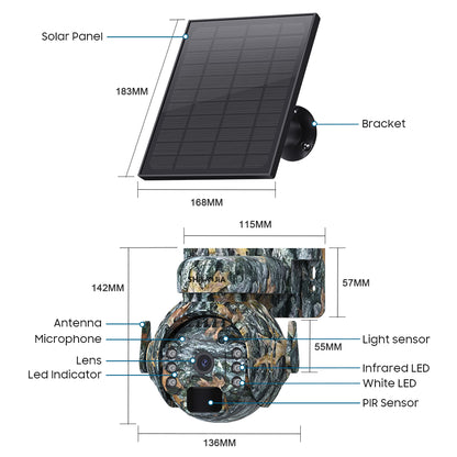 SHIWOJIA 4G SIM / WIFI Solar Security Cameras WIFI Wireless Outdoor 3MP 360° View Animal Monitoring Camouflage Color Battery PTZ Camera.Built-in Battery