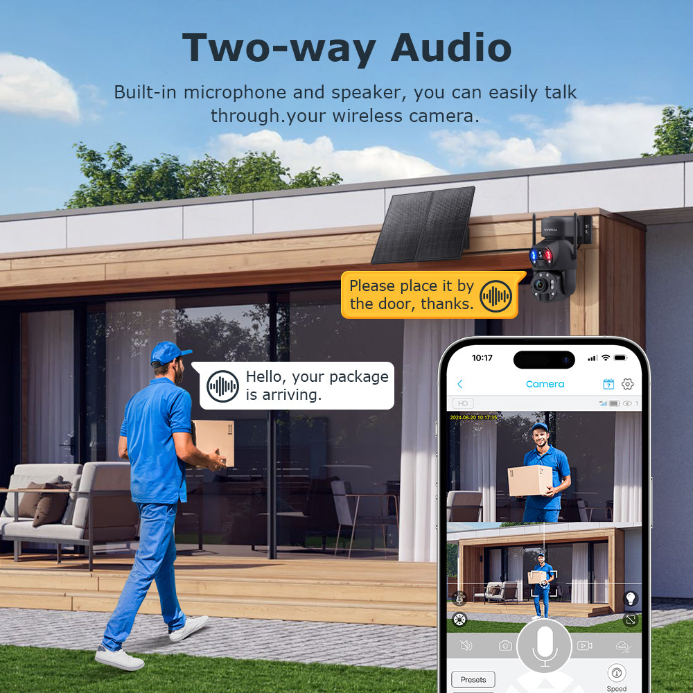 SHIWOJIA 20W Solar Battery 36X Zoom Red Blue Alarm FloodLight PTZ Camera 4G SIM / WIFI Cellular Security Camera Dual-Lens,6MP Solar Camera Wireless Outdoor,Color Night Vision,Dual Screen,Built-in Battery
