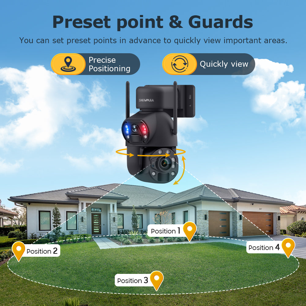 SHIWOJIA 20W Solar Battery 36X Zoom Red Blue Alarm FloodLight PTZ Camera 4G SIM / WIFI Cellular Security Camera Dual-Lens,6MP Solar Camera Wireless Outdoor,Color Night Vision,Dual Screen,Built-in Battery