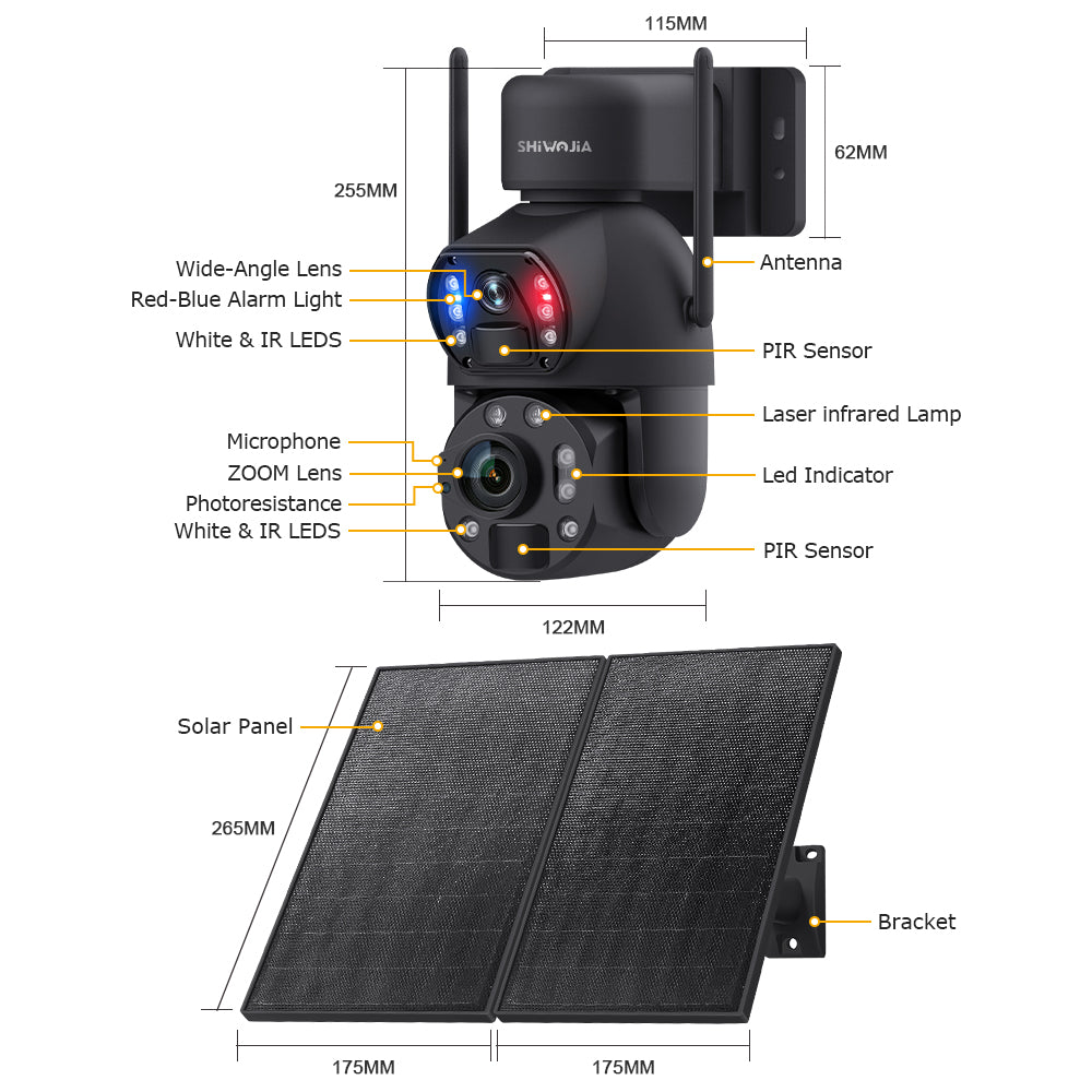 SHIWOJIA 20W Solar Battery 36X Zoom Red Blue Alarm FloodLight PTZ Camera 4G SIM / WIFI Cellular Security Camera Dual-Lens,6MP Solar Camera Wireless Outdoor,Color Night Vision,Dual Screen,Built-in Battery