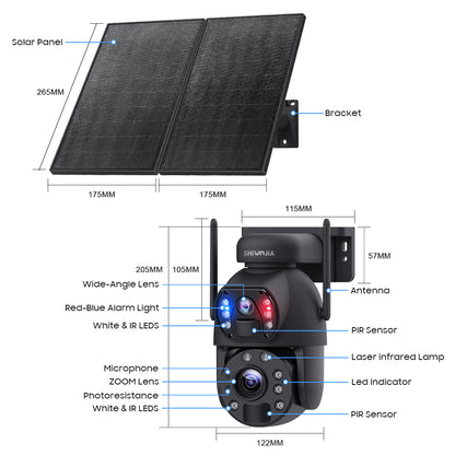 SHIWOJIA 20W Solar Battery 20X Zoom Red Blue Alarm FloodLight PTZ Camera 4G SIM / WIFI Cellular Security Camera Dual-Lens,6MP Solar Camera Wireless Outdoor,Color Night Vision,Dual Screen,Built-in Battery