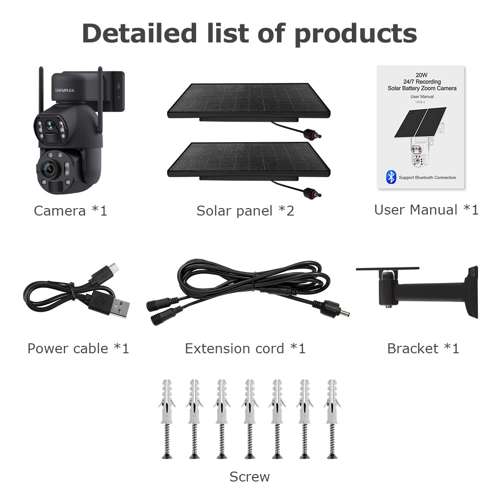 SHIWOJIA 20W Solar Battery 36X Zoom Red Blue Alarm FloodLight PTZ Camera 4G SIM / WIFI Cellular Security Camera Dual-Lens,6MP Solar Camera Wireless Outdoor,Color Night Vision,Dual Screen,Built-in Battery