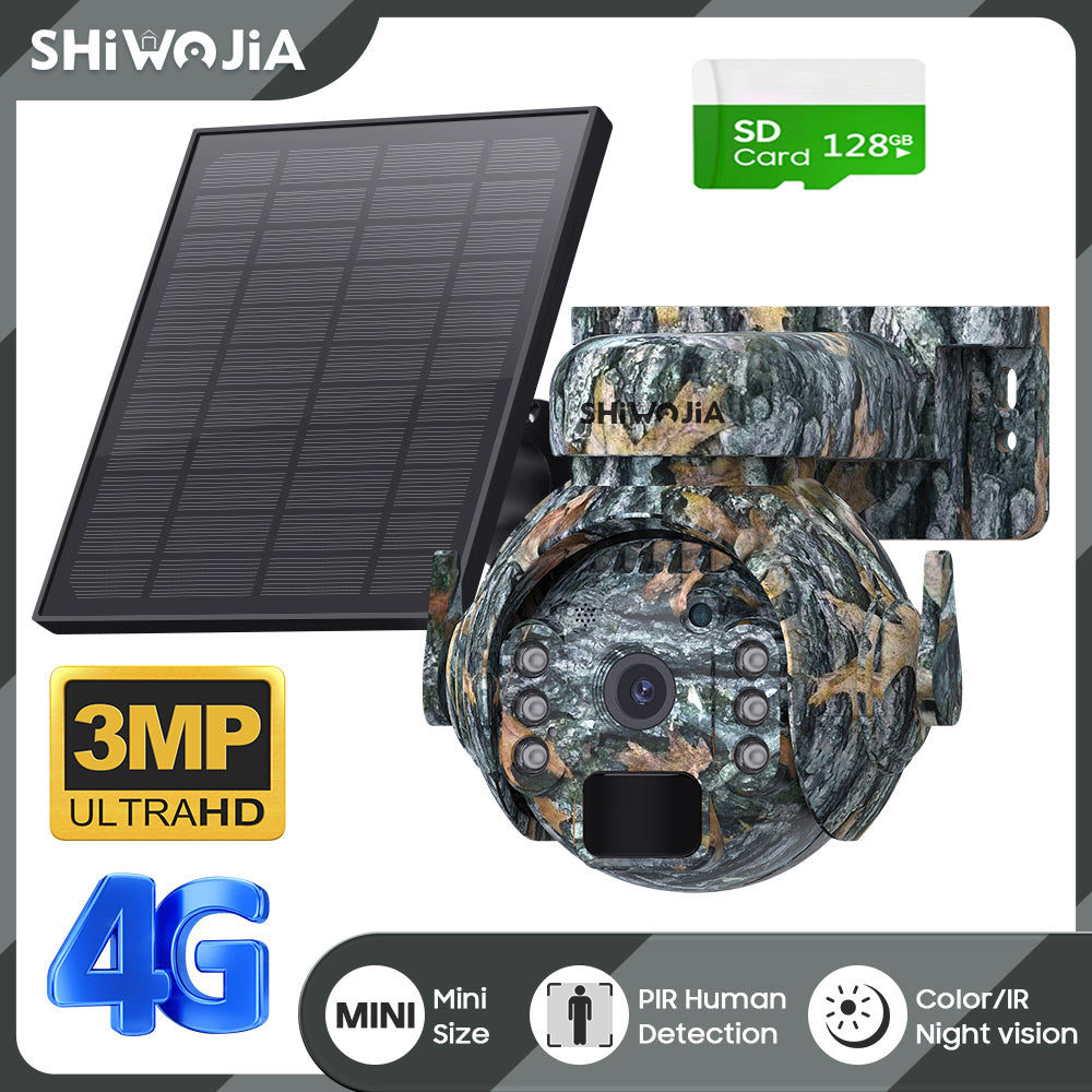 SHIWOJIA 4G SIM / WIFI Solar Security Cameras WIFI Wireless Outdoor 3MP 360° View Animal Monitoring Camouflage Color Battery PTZ Camera.Built-in Battery