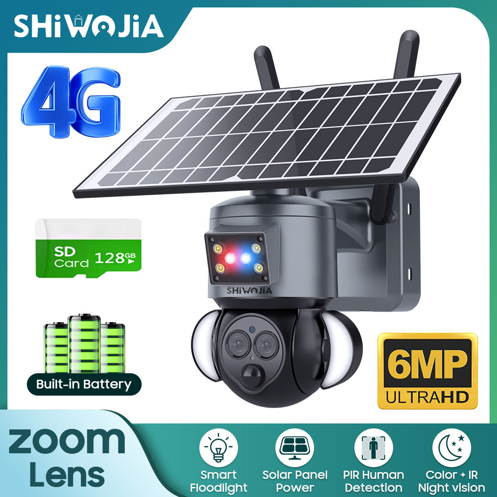 SHIWOJIA 4G SIM / WIFI 12X ZOOM Red/Blue alarm Floodlight Solar Battery PTZ Camera   6MP HD Wireless Security CCTV Including 12000mAh Battery