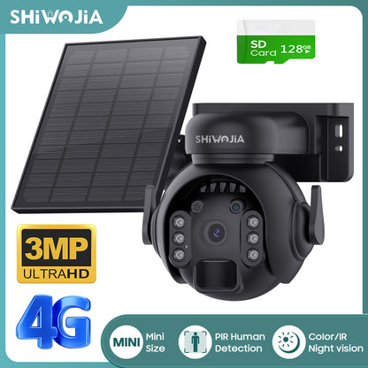 SHIWOJIA 4G SIM / WIFI Solar Security Cameras WIFI Wireless Outdoor 3MP 360° View Animal Monitoring Black/White Color Battery PTZ Camera.Built-in Battery