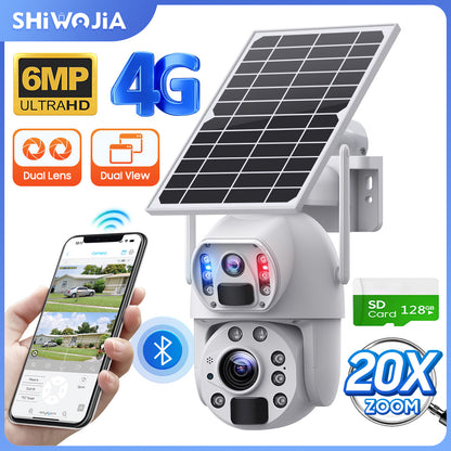 SHIWOJIA 20X Zoom 4G SIM / WIFI Cellular Security Camera Dual-Lens,6MP Solar Camera Wireless Outdoor,Siren Alarm,Color Night Vision,Dual Screen,Built in 12000mAh Battery