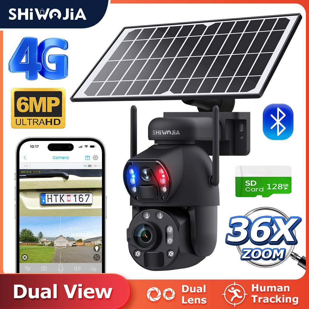 SHIWOJIA Solar Camera 4G SIM / WIFI 6MP Big 36X Zoom Dual Lens Recording Humanoid Tracking Outdoor Camera Metal Waterproof,Built-in Battery