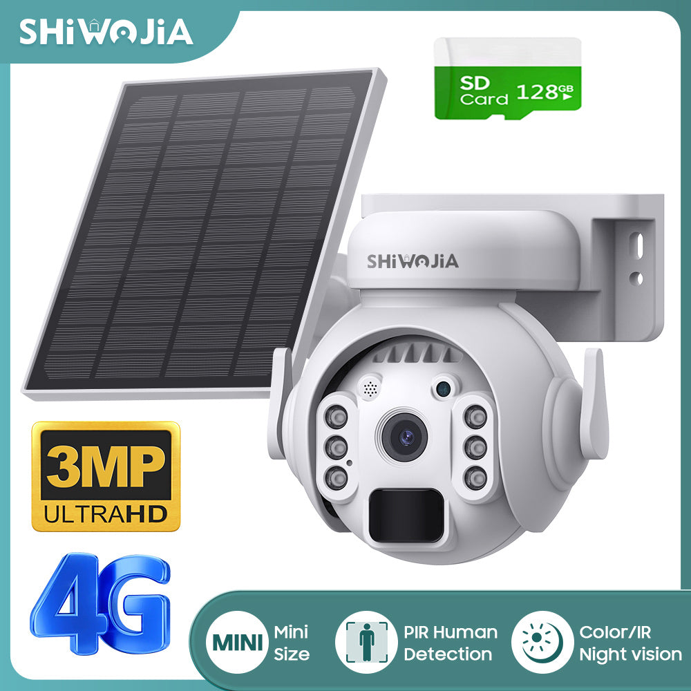 SHIWOJIA 4G SIM / WIFI Solar Security Cameras WIFI Wireless Outdoor 3MP 360° View Animal Monitoring Black/White Color Battery PTZ Camera.Built-in Battery