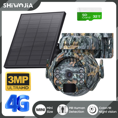 SHIWOJIA 4G SIM / WIFI Solar Security Cameras WIFI Wireless Outdoor 3MP 360° View Animal Monitoring Camouflage Color Battery PTZ Camera.Built-in Battery