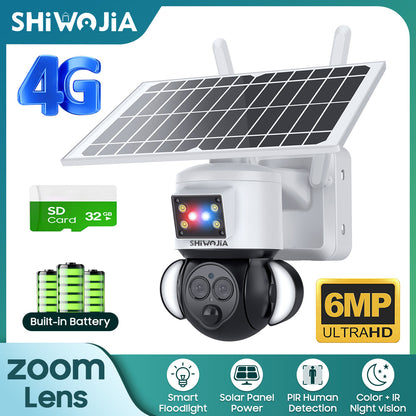 SHIWOJIA 4G SIM / WIFI 12X ZOOM Red/Blue alarm Floodlight Solar Battery PTZ Camera   6MP HD Wireless Security CCTV Including 12000mAh Battery