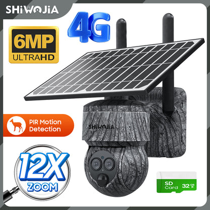 SHIWOJIA 6MP Solar Cameras 4G SIM / WIFI Wireless Outdoor 360° View Animal Monitoring Camouflage Color 12X Zoom Solar Battery PTZ Camera