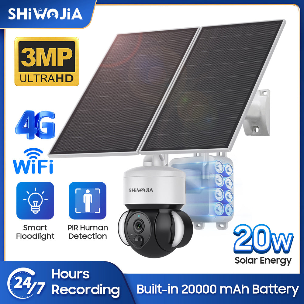 SHIWOJIA 3MP Solar Camera 4G SIM / WIFI Security Outdoor Recording Humanoid Tracking 20W 24/7 hours Solar Battery Floodlight PTZ Camera