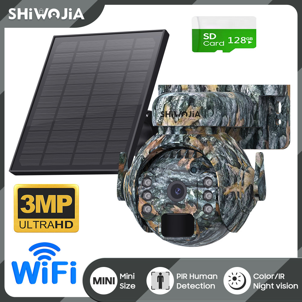 SHIWOJIA 4G SIM / WIFI Solar Security Cameras WIFI Wireless Outdoor 3MP 360° View Animal Monitoring Camouflage Color Battery PTZ Camera.Built-in Battery